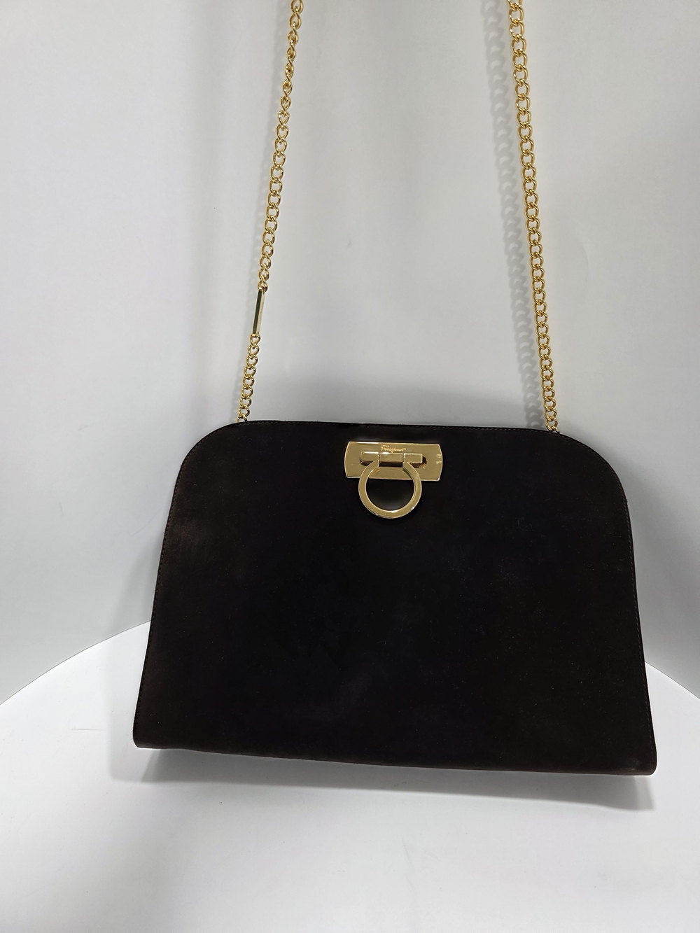 Salvatore Ferragamo Brown Suede Shoulder/Clutch Bag with Gold Hardware NWT
